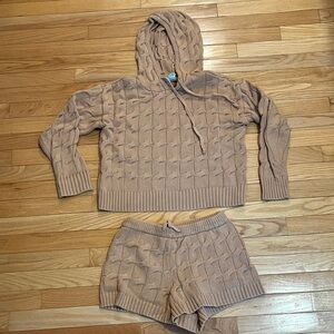 Anthropologie Tan Cable Knit Hoodie and Shorts Set